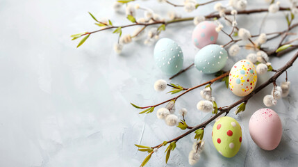 Willow branches decorated with Easter eggs on light background