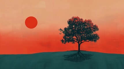 Obraz olejny przedstawiający pojedyncze drzewo z czerwonym słońcem w tle, utrzymany w minimalistycznym stylu
