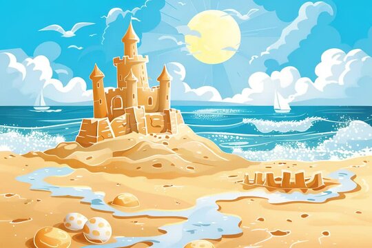 Cartoon sand castle, bucket and shovel at sea beach. Sand tower with seashells and flag. Children summer building activity vector concept. Sand castle on beach summer, tower house illustration