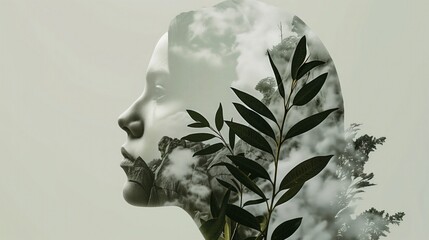 Kobieta z rośliną wyrastającą z jej twarzy, stworzona za pomocą podwójnej ekspozycji, przypominająca złączenie natury z ludzką formą - obrazy, fototapety, plakaty
