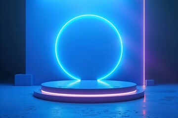 Three-dimensional bright neon blue background podium. Generative Ai