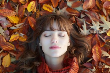 Young Caucasian woman immersed in the seamless leaf pattern of autumn