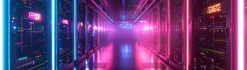 Fototapeta premium A futuristic data center with neon lights illuminating the aisles between rows of servers. The servers are glowing with activity, and the air is filled with the hum of their fans.