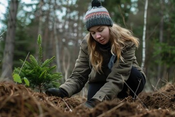 Young Caucasian Woman Participating in Family Memorial Tree Planting Ceremony in the Forest