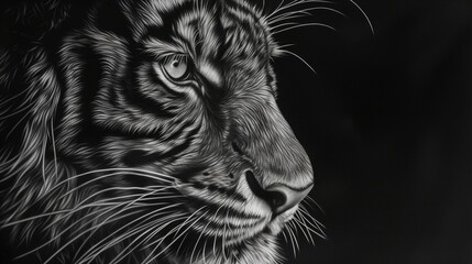 Rysunek przedstawia tygrysa w czarnej i białej kolorystyce, ukazując jego szczegółowe rysy i charakterystyczne paski. Tygrys wydaje się być w ruchu, emanując siłą i gracja