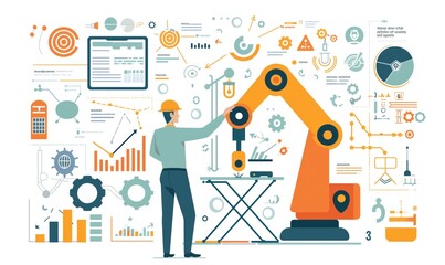 An industrial machinery engineer monitoring AI generative dashboard showing predictive analytics and real-time business data