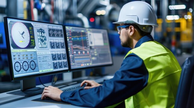 An industrial machinery engineer monitoring AI generative dashboard showing predictive analytics and real-time business data