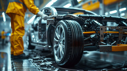 Fototapeta premium Precision engineering is evident in the foreground's portrayal of the car frame