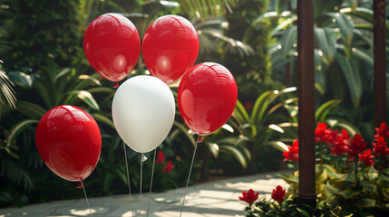Fototapeta na wymiar Red and white balloons floating gracefully over a botanical garden, complementing the natural beauty.