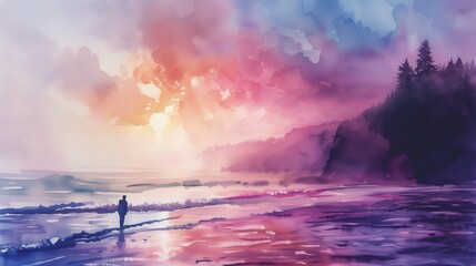 Obraz przedstawia osobę stojącą na plaży, otoczoną przez naturę. Malowidło ukazuje postać w centrum, patrzącą na morze w tle