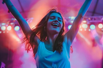 Excited Young Caucasian Woman Dancing at Music Festival Under Colorful Stage Lights