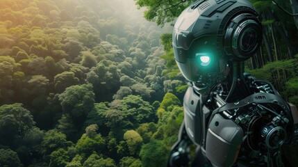 Robot stoi w środku lasu, otoczony drzewami i roślinnością. Zapewne jest częścią jakiejś misji eksploracyjnej lub badawczej