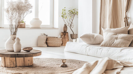 Minimalist interior design composition in a bright room with Scandinavian and zen decor. Home interiors in a luxurious style.