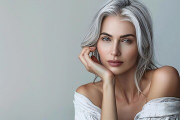 Fototapeta premium Radiant Young Caucasian Woman Embracing Age Gracefully: Skincare and Beauty Concept