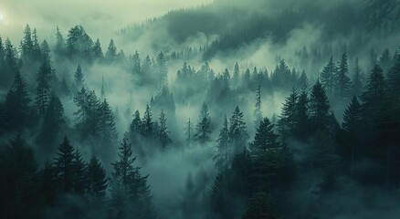 A misty forest landscape with rolling hills and tall trees creating an ethereal atmosphere