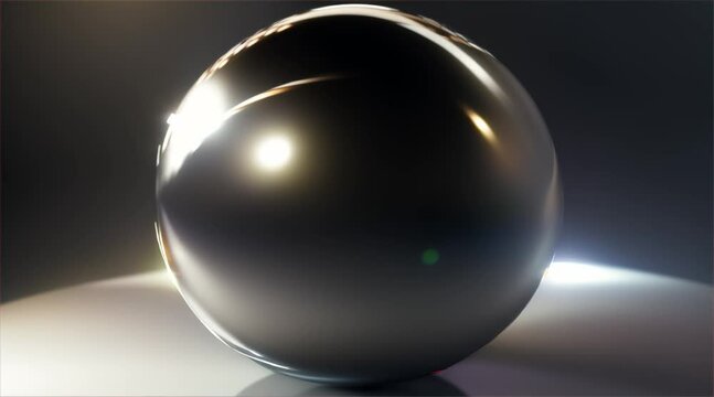 Silver spherical crystal ball reflects light on the table.