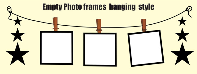 Empty photo frames hanging on rope with pin.Photo frames decoration theme hanging on line style