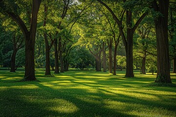 A large oak tree in the center of an enchanting forest, bathed in sunlight filtering through its leaves