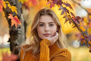 Young Caucasian woman posing among vibrant autumn foliage in a park