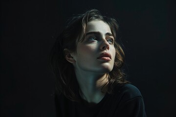 Fototapeta premium Young woman with wavy hair looking upwards thoughtfully, illuminated by dim ambient light creating a serene and introspective mood.