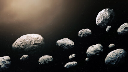 Asteroid belt in the solar system. A cluster of cosmic rocks. Asteroid Rocks Flying in space.