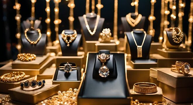 Gold jewelry rings and necklaces are displayed in the window displays of luxury retail stores
