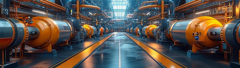 Fototapeta premium A long, wide factory room with a metal floor and large machines on either side