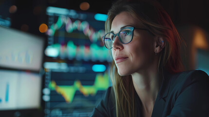 Businesswoman analyzing stock market trends and data on a digital tech screen in the office. Happy investor looking at stock data trends and graphs. Copy space for text - Generated by Generative AI