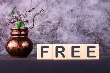 Word FREE made with wood building blocks on a gray background