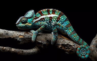 Obraz premium closeup, animal, lizard, wildlife, reptile, nature, chameleon, colorful, isolated, portrait, exotic, tropical, macro, fauna, pet, beautiful, branch, red, green, color, camouflage, head, background, de