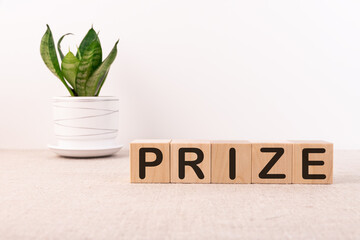 PRIZE word concept written on wooden blocks lying on a light table with a flower in a flowerpot on...