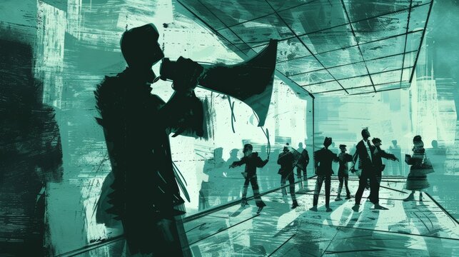 A shadowy figure holding a megaphone, delivering a threatening message to a cowering office crowd