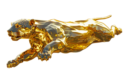 Chrome golden metal jumping jaguar, leopard isolated.