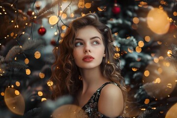 Young Caucasian Woman Posing in Shimmering Holiday Background with Copy Space
