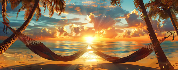 tropical beach hammock sunset background with palm trees and blue water - Powered by Adobe