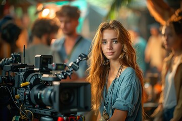 "Young Male and Female Filmmakers Team Up on Set, Eagerly Fine-Tuning Camera Gear Amidst a Diverse Crew in a Vibrant, Contemporary Studio Setting"