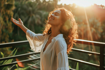 Young woman with arms outstretched breathing in fresh air during sunrise at the balcony. Girl enjoying nature while meditating during morning with open arms and closed eyes. Mindful woman relax.