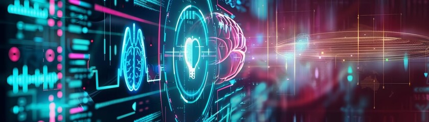 Fototapeta premium A doctor employed AIdriven diagnosis to predict diseases in a futuristic twist, revolutionizing preventative care HUD icon of AI healthcare 80s retro color, sharpen Cinematic Look