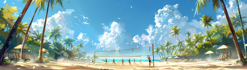 tropical beach volleyball tournament illustration featuring a blue sky and white clouds, with a black net in the foreground