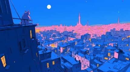 Anime-Inspired Urban Night Skyline View