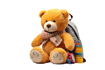 Backpack-Toting Stuffed Toy Isolated On Transparent Background PNG.