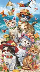Five Cats on a Beach with Whimsical Accessories and Ocean Background