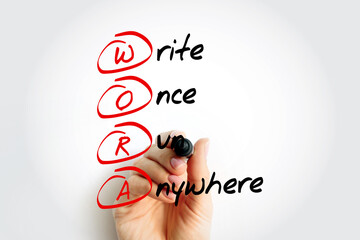 WORA - Write Once Run Anywhere acronym with marker, technology concept background
