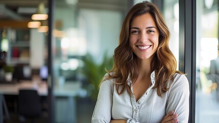 Naklejka premium Confident entrepreneur: smiling businesswoman in casual attire poses in modern workspace environment
