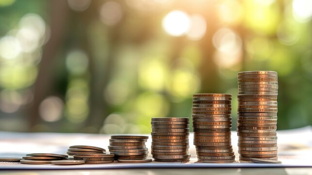 Ascending coins and ledger book displaying financial growth - A strategic banking and finance concept illustrating progressive success steps in business