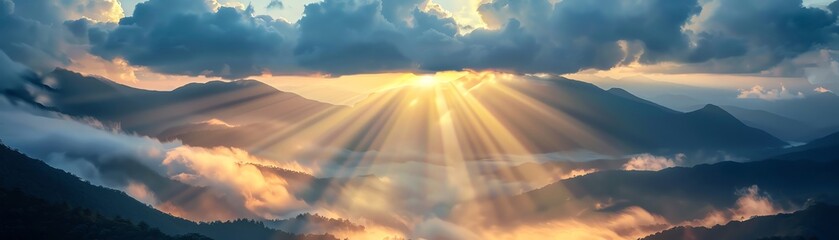 Panoramic mountain landscape photography of a beautiful sunrise over the mountains with clouds and rays of light. - Powered by Adobe
