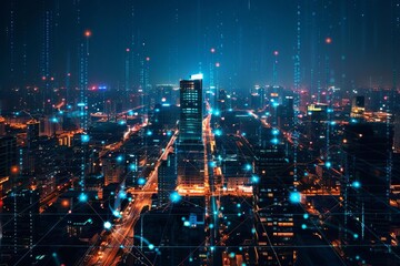 Futuristic cityscapes illuminated by digital data and network connections