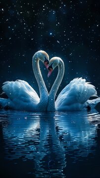 Two swans make a heart shape in the water.