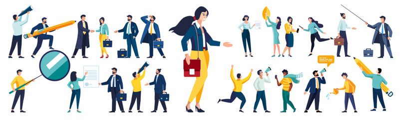 Flat vector illustration. Set of business people in the process of work. Diverse men and women solving business problems, doing work assignments, explaining presentation, clerks doing office tasks