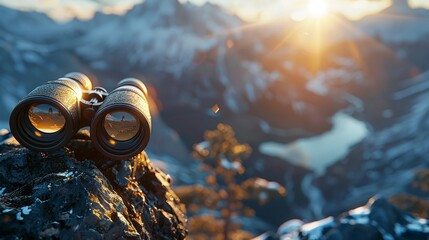 Rugged binoculars atop a mountain gazing into a sunlit valley below